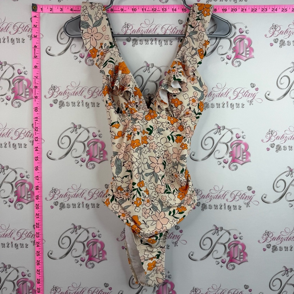 Bodysuit ruffle flowers Floral Ruffle V-Neck Bodysuit in Cream and Orange